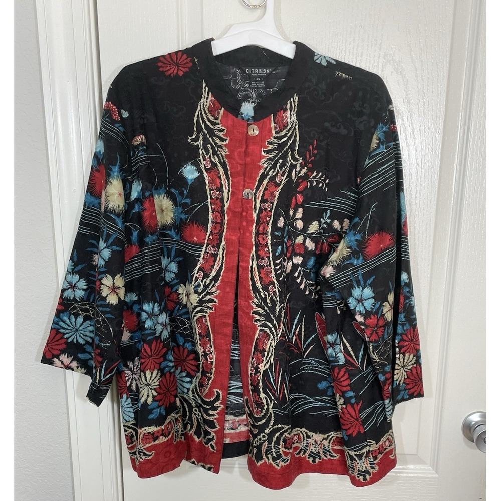 Citron Santa Monica Kimono Jacket Asian Open Front Womens 3X Silk Blend Artsy